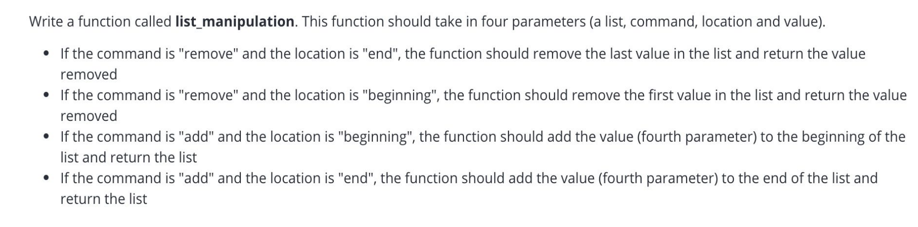 Solved Write a function called list_manipulation. This | Chegg.com