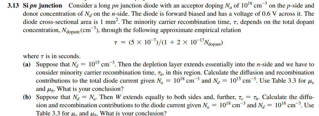 Solved 3.13 Si Pn Junction Consider A Long Pn Junction Diode 