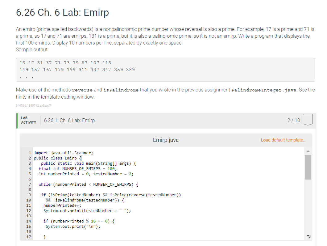 Solved 6.26 Ch. 6 Lab: Emirp An emirp (prime spelled | Chegg.com
