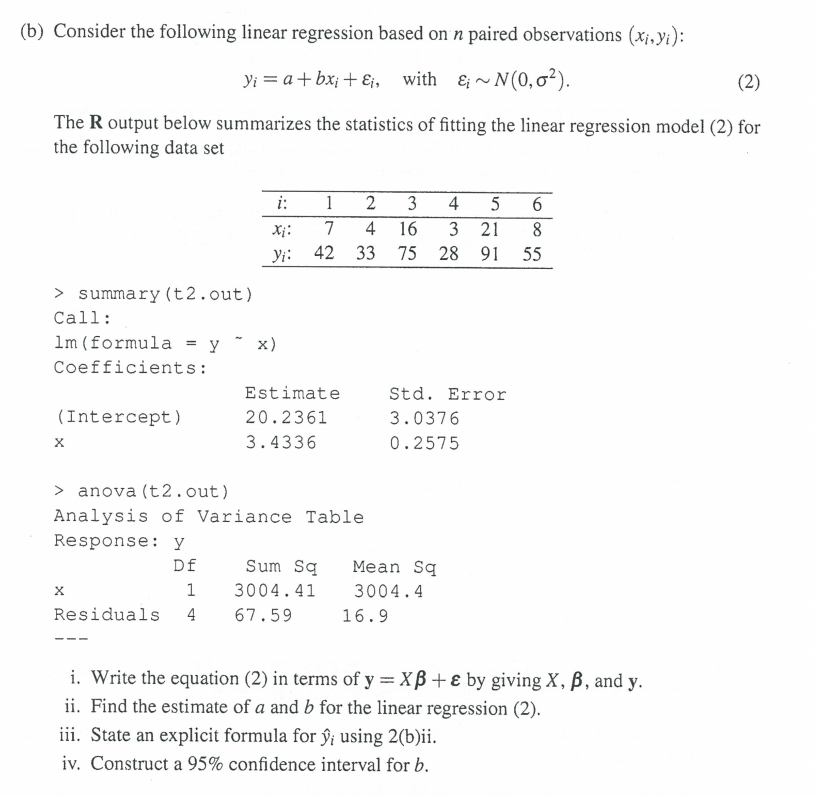 Solved (b) Consider the following linear regression based on | Chegg.com