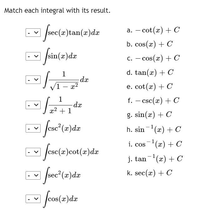 Solved Match each integral with its result. a. - cot(x) + C | Chegg.com