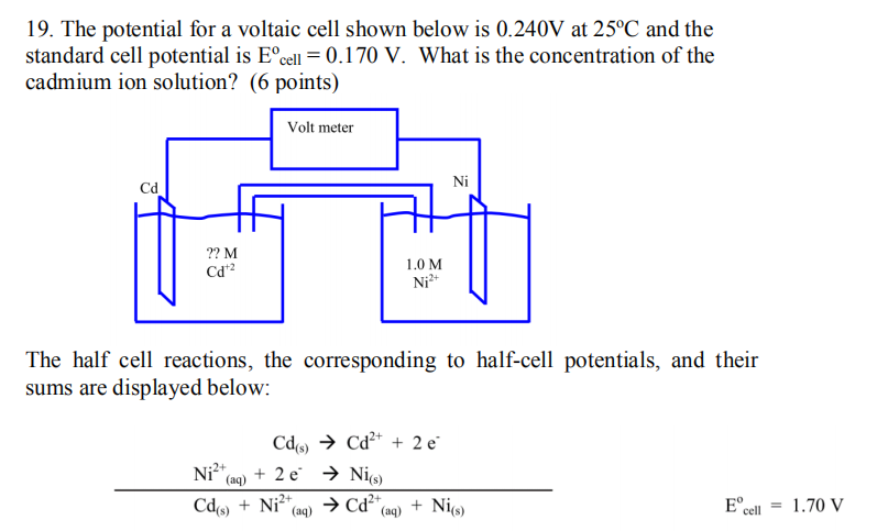 Solved 19. The potential for a voltaic cell shown below is | Chegg.com