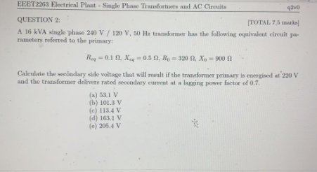 Solved EEET2263 Electrical Plant - Single Phase Transformers | Chegg.com