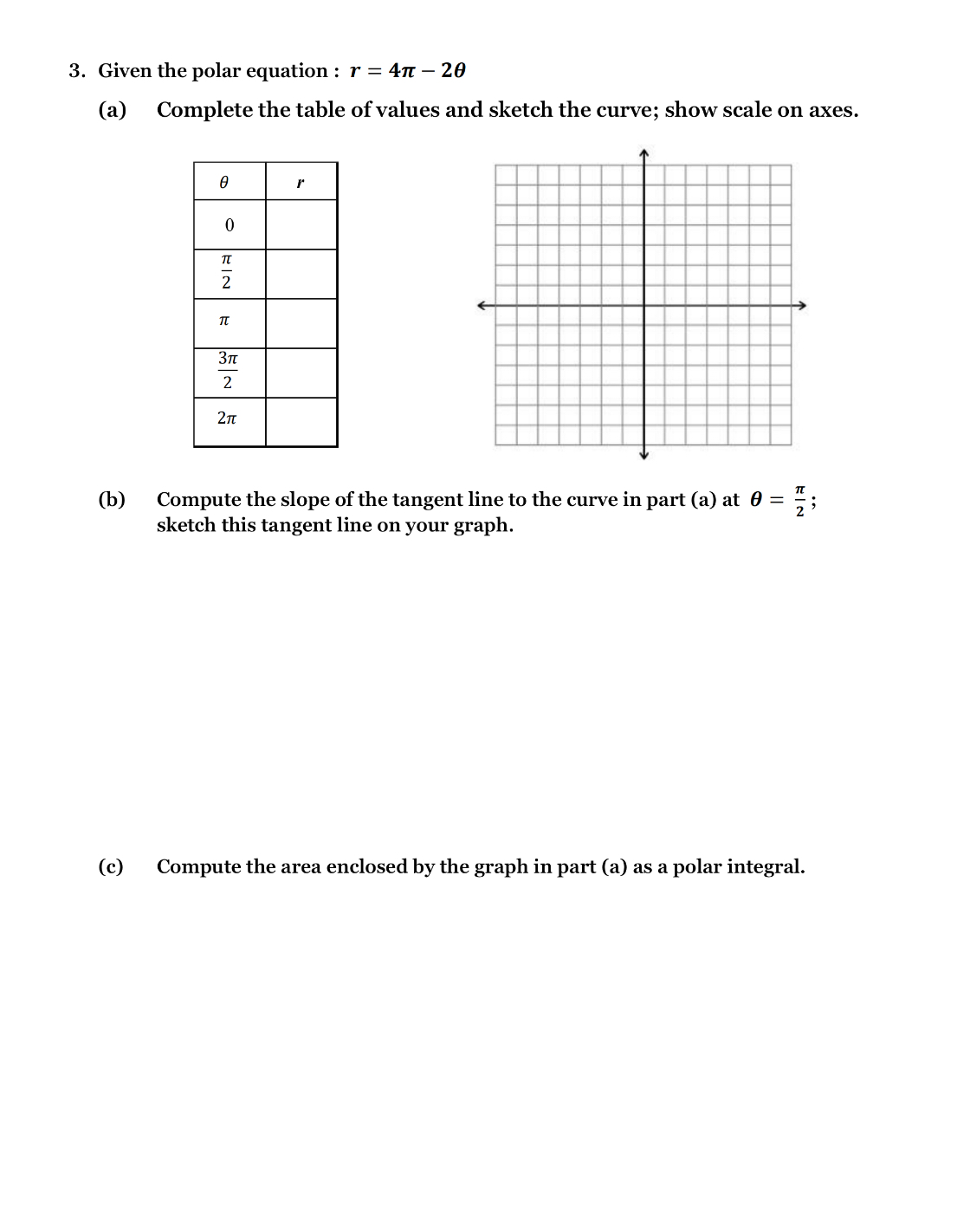 Solved 3. Given the polar equation : r=4π−2θ (a) Complete | Chegg.com