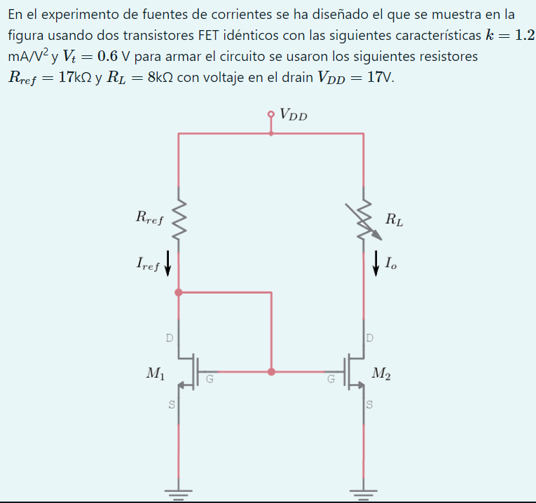 En el experimento de fuentes de corrientes se ha diseñado el que se muestra en la figura usando dos transistores FET idéntico