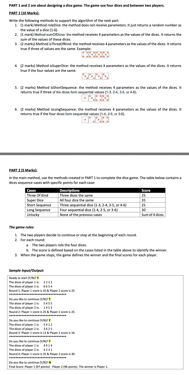 Solved PART 1 and 2 are about designing a dice game. The | Chegg.com