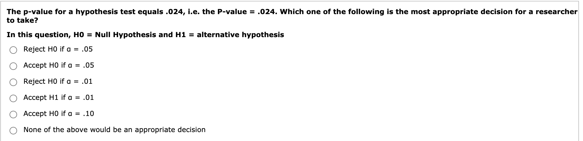 hypothesis test decision based on p value