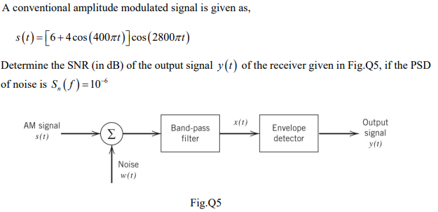 A conventional amplitude modulated signal is given as,
\[
s(t)=[6+4 \cos (400 \pi t)] \cos (2800 \pi t)
\]
Determine the SNR