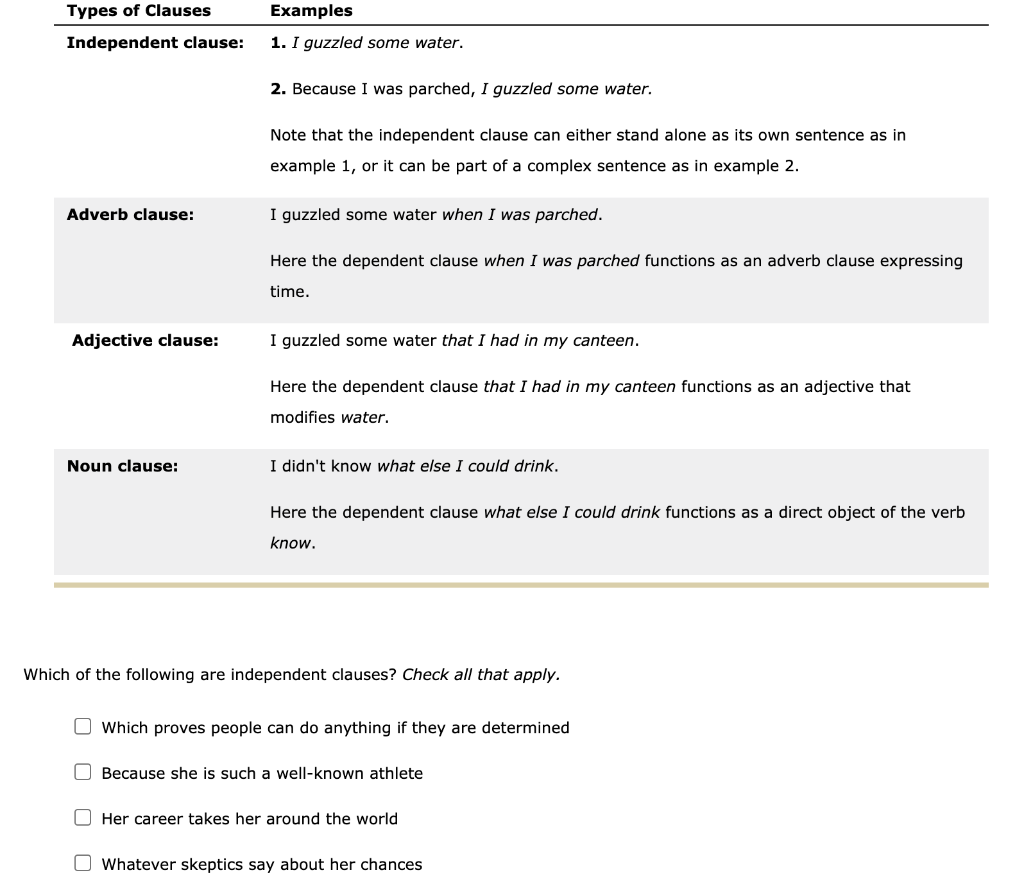 Solved Types of Clauses Independent clause: Adverb clause: | Chegg.com