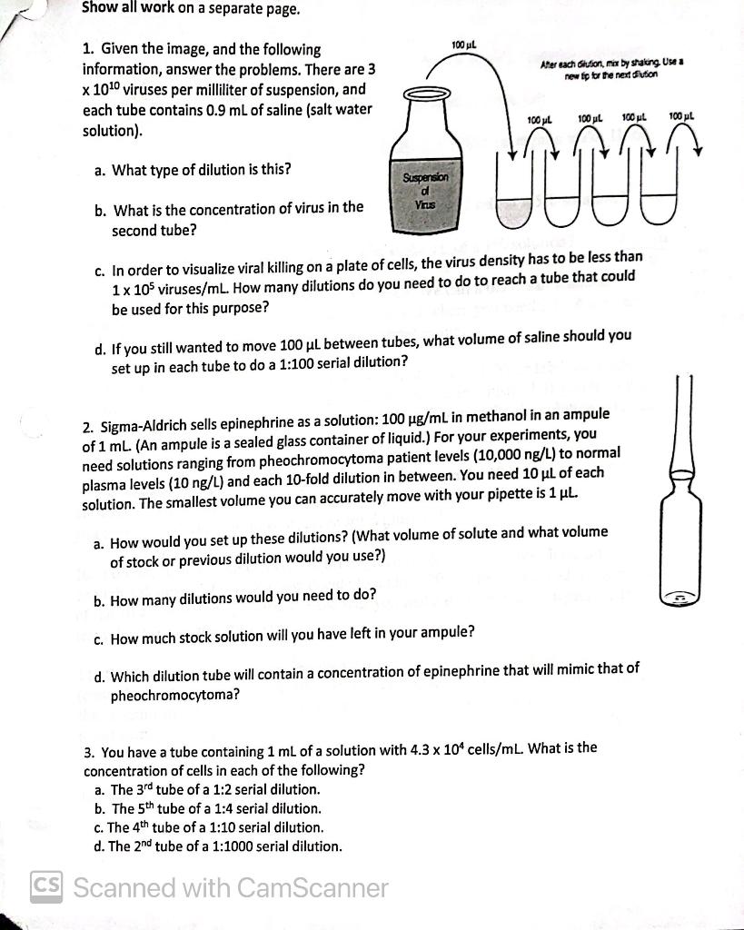 Solved Show all work on a separate page. 100 ML Afer each | Chegg.com