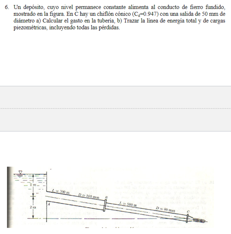 6. Un depósito, cuyo nivel permanece constante alimenta al conducto de fierro fundido, mostrado en la figura. En \( \mathrm{C