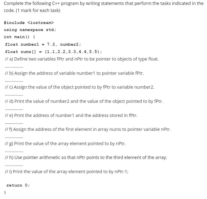 Solved Complete the following C++ program by writing | Chegg.com