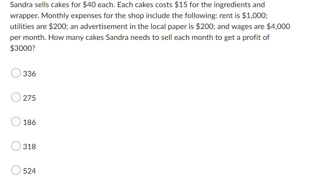 Solved Sandra sells cakes for $40 each. Each cakes costs $15 | Chegg.com