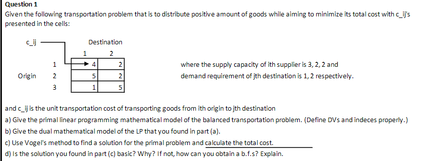 Solved Question 1 Given the following transportation problem | Chegg.com