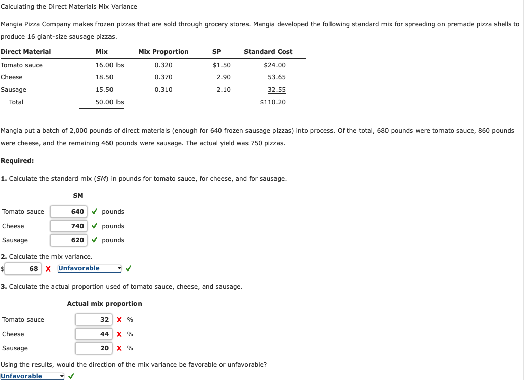 Solved Calculating the Direct Materials Mix Variance Mangia