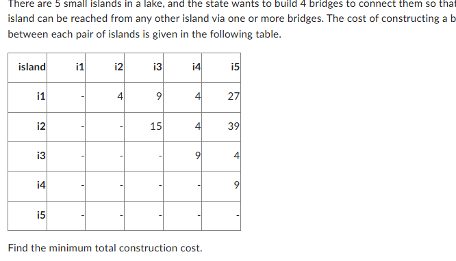 Solved There are 5 ﻿small islands in a lake, and the state | Chegg.com