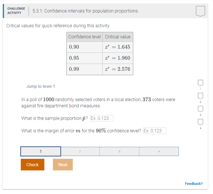 Solved CHALLENGE ACTIVITY 5.3.1: Confidence intervals for | Chegg.com