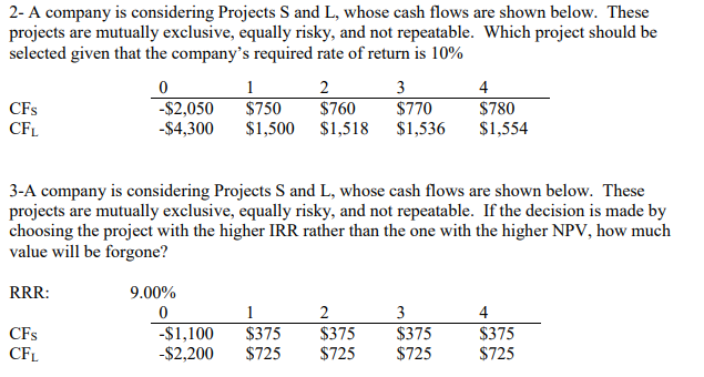 Solved 2- A Company Is Considering Projects S And L, Whose | Chegg.com