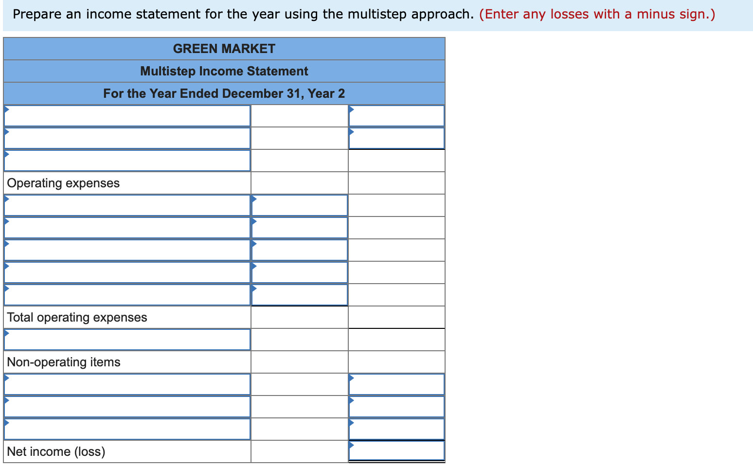 Prepare an income statement for the year using the multistep approach. (Enter any losses with a minus sign.)