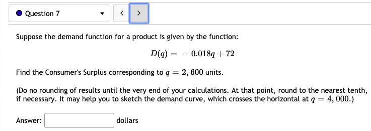 Solved Question 7 Suppose the demand function for a product | Chegg.com