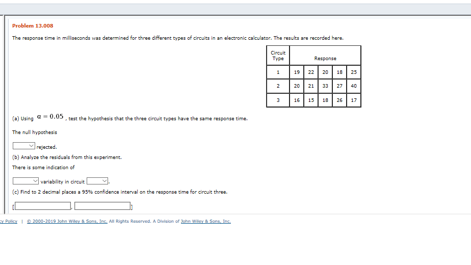 Solved Problem 13.008 The response time in milliseconds was