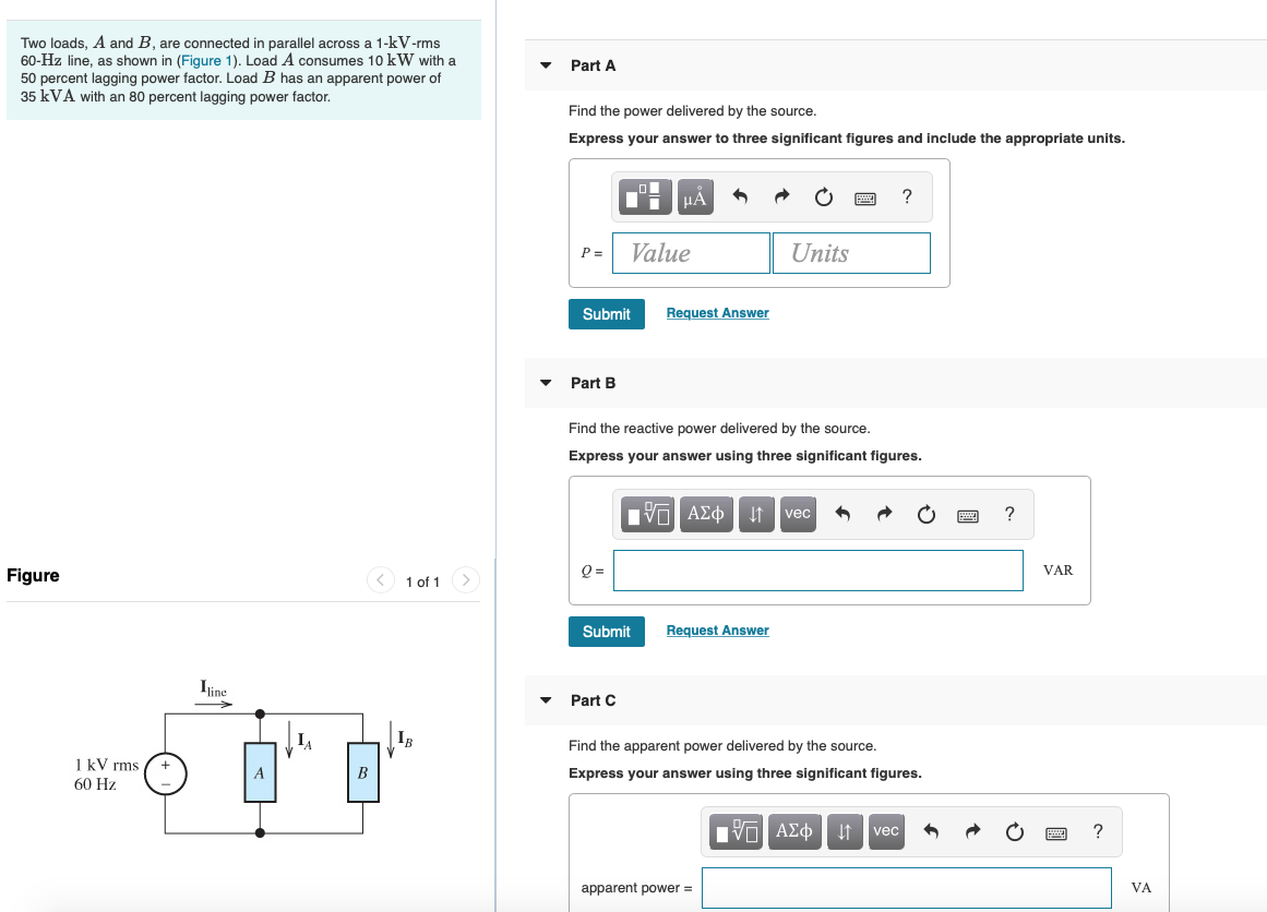 Solved Two Loads, A And B, Are Connected In Parallel Across | Chegg.com