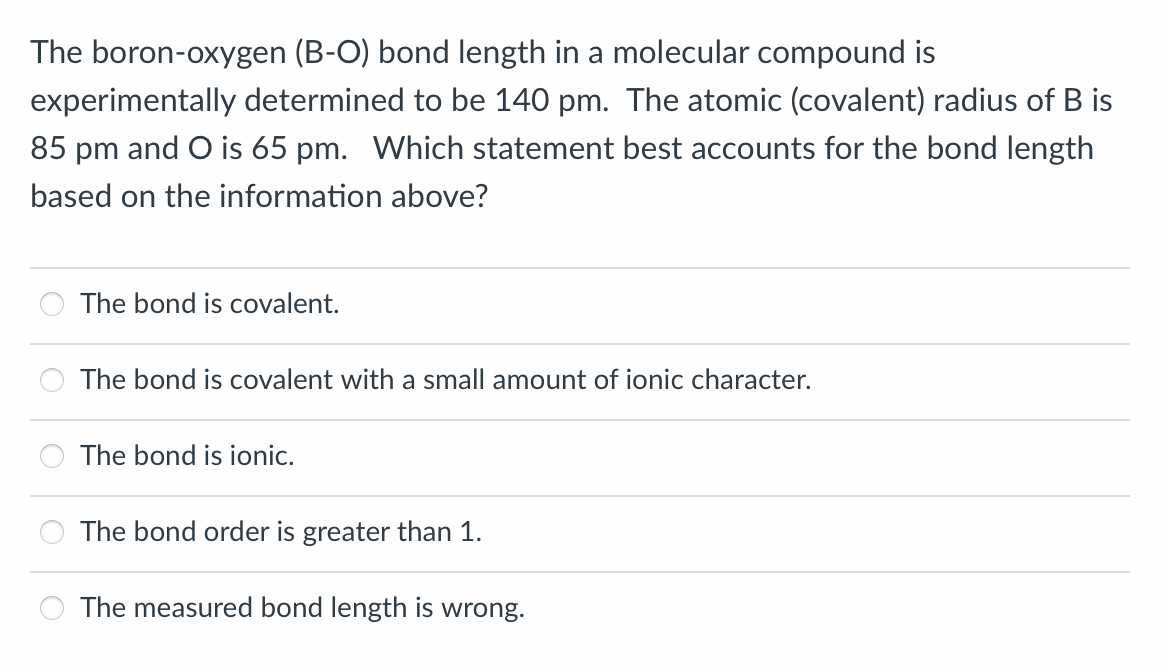 Solved The Boron-oxygen (B-O) Bond Length In A Molecular | Chegg.com