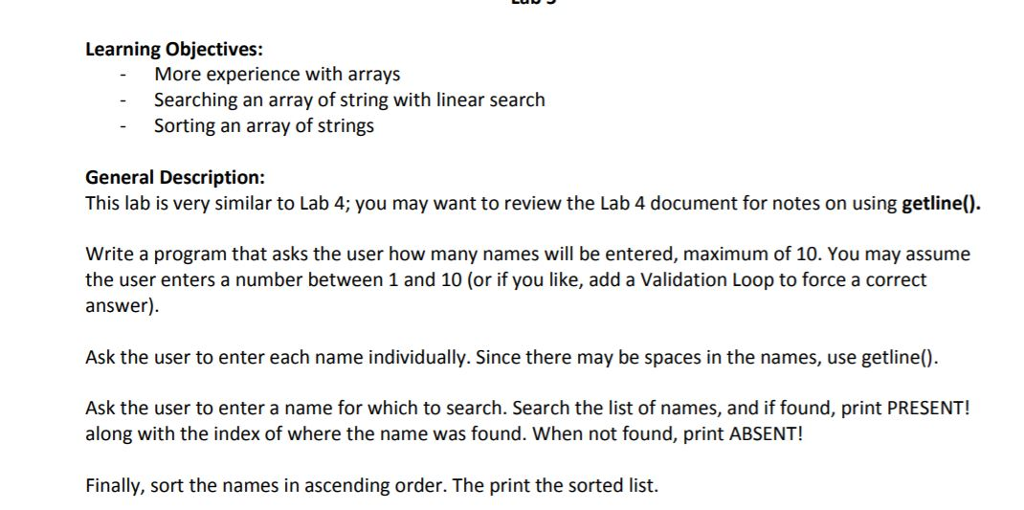 Solved Learning Objectives: More experience with arrays | Chegg.com