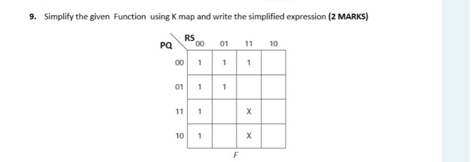 Solved 9. Simplify the given Function using K map and write | Chegg.com