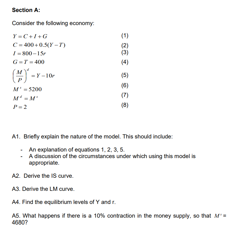 Solved Section A: Consider the following economy: Y=C+I+G C | Chegg.com