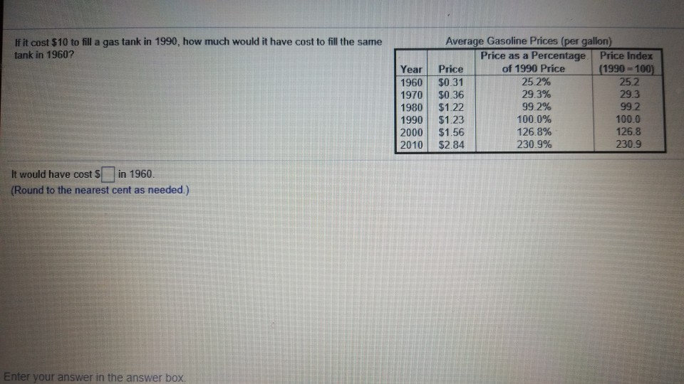 Solved If it cost 10 to fill a gas tank in 1990, how much