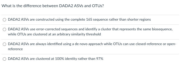 Solved What is the difference between DADA2 ASVs and OTUS? | Chegg.com