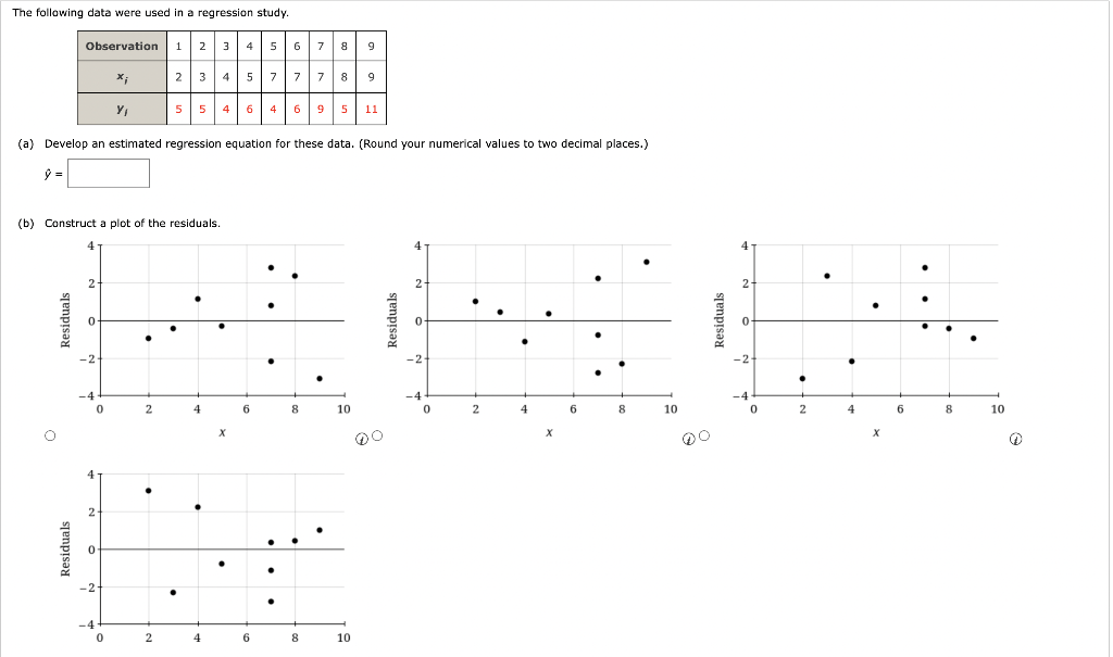 The following data were used in a regression study.
Observation
1 2 3 4 5 6
7 8 9
xi
2 3 4 5 77
78
9
Y?
5 5 4 6 4 6 9 5 11
(a