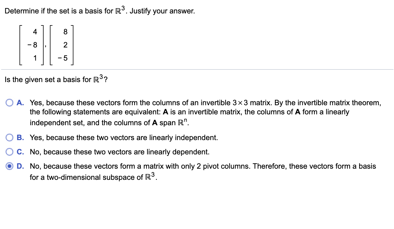 Solved Determine If The Set Is A Basis For R3. Justify Your | Chegg.com