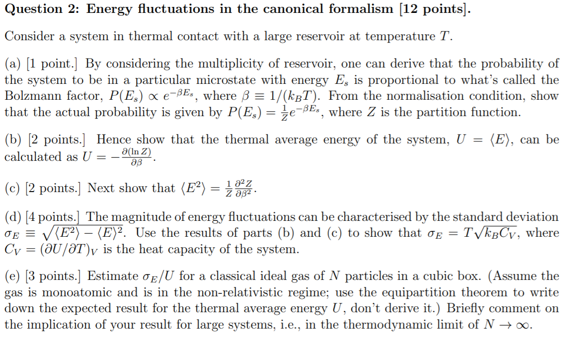 Solved Question 2 Energy Fluctuations In The Canonical F Chegg Com