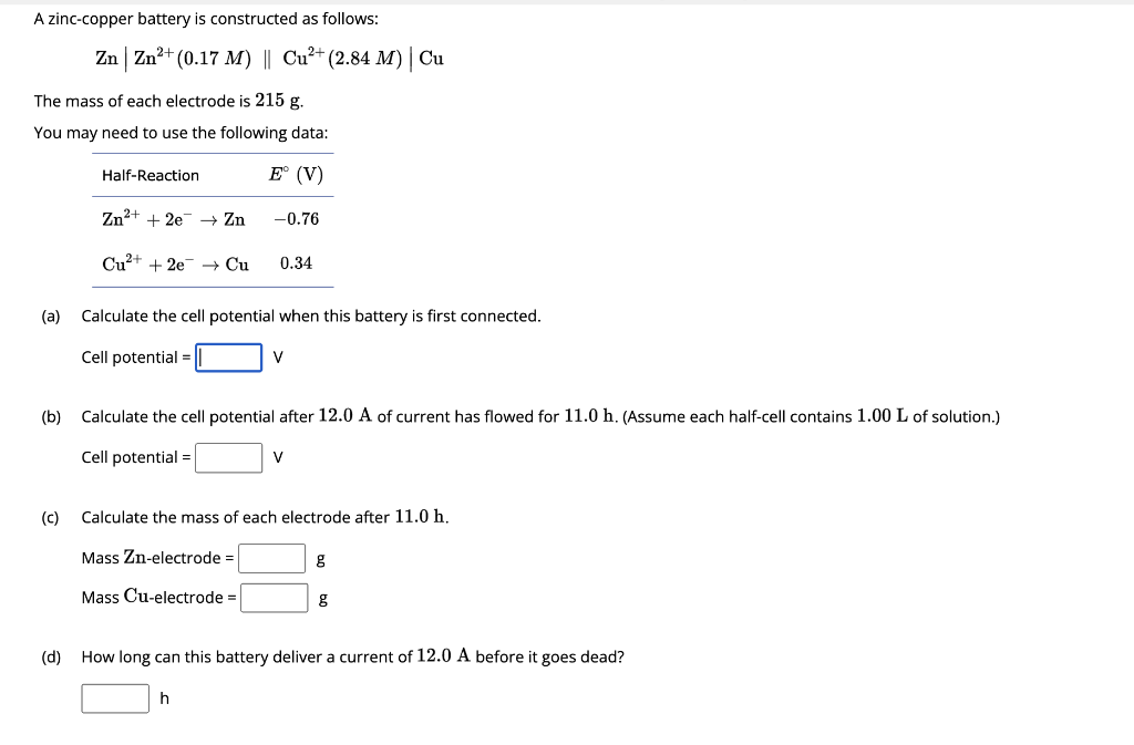 Solved A zinccopper battery is constructed as follows
