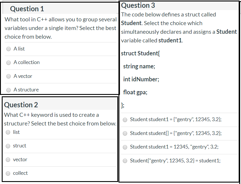 Solved Question 1 Question 3 The code below defines a struct | Chegg.com