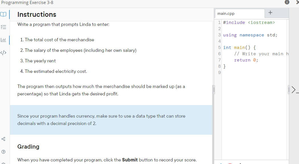 Programming Exercise 3-8 i Instructions main.cpp + | Chegg.com