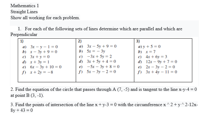 Solved Mathematics 1 Straight Lines Show All Working For Chegg Com