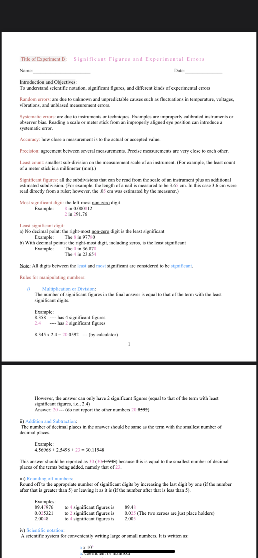Title of Experiment B: Significant Figures and | Chegg.com