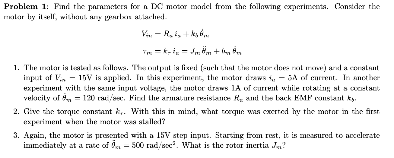 Problem 1: Find the parameters for a DC motor model | Chegg.com