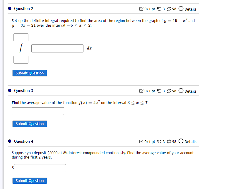 Solved Question 2 B0/1 pt 5398 Details Set up the definite | Chegg.com