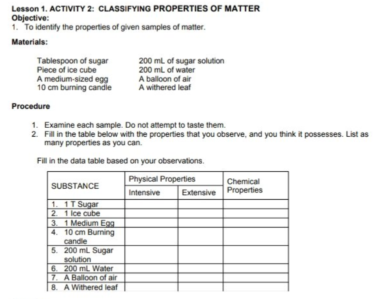 Solved Lesson 1. ACTIVITY 2: CLASSIFYING PROPERTIES OF | Chegg.com
