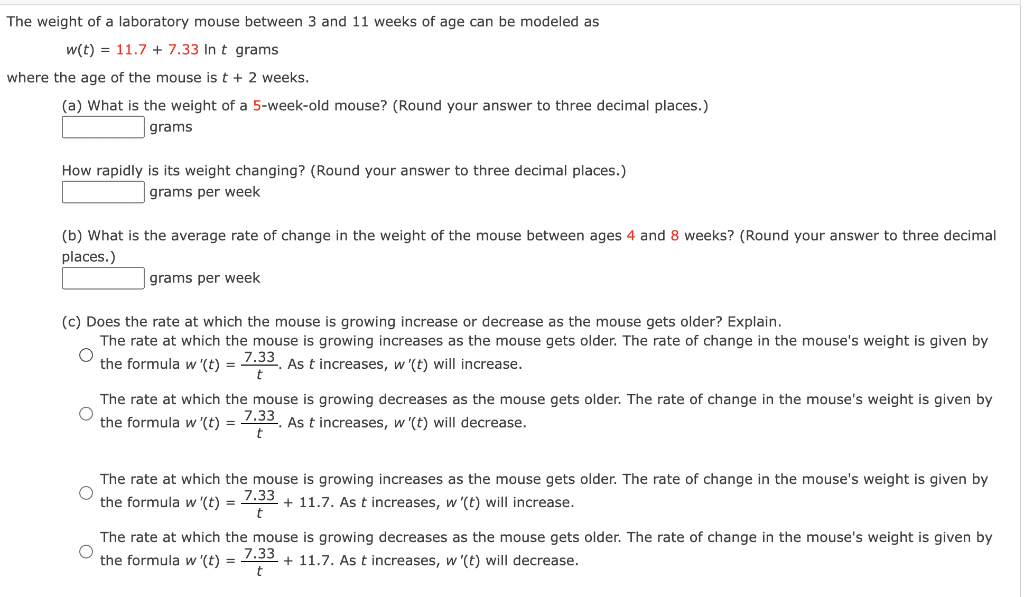 Solved weight of a laboratory mouse between 3 and 11 weeks