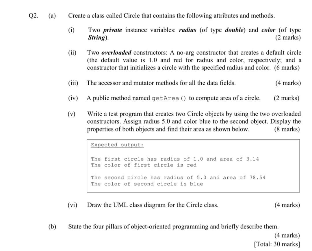 Solved Q2. (a) Create a class called Circle that contains | Chegg.com