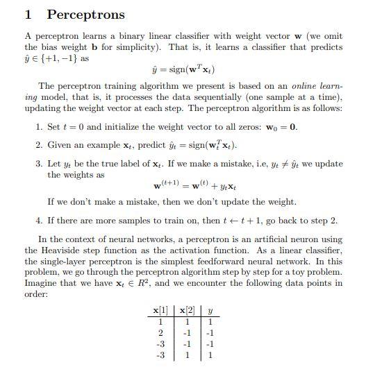 Solved 1 Perceptrons A perceptron learns a binary linear | Chegg.com