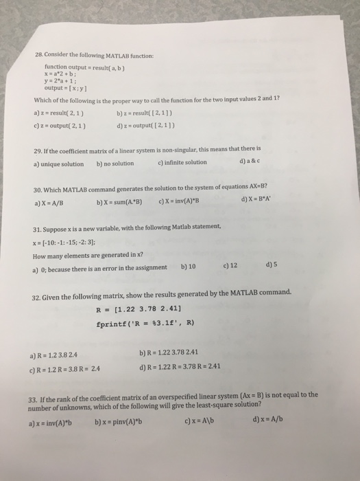 Solved 28. Consider the following MATLAB function function | Chegg.com