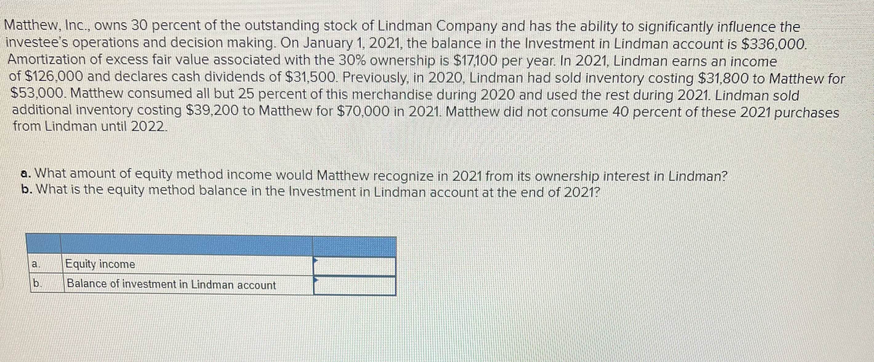 Solved Matthew Inc Owns 30 percent Of The Outstanding Chegg