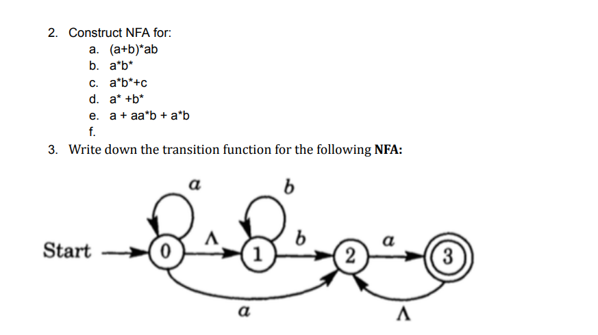 Solved 2. Construct NFA for: a. (a+b)∗ab b. a∗b∗ c. a∗b∗+c | Chegg.com