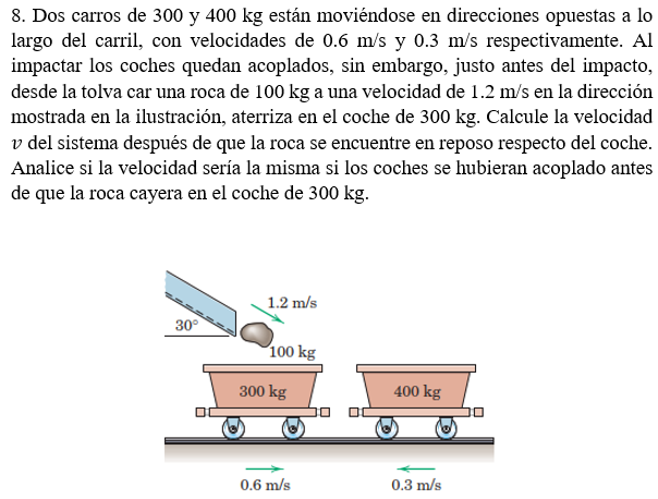 8. Dos carros de 300 y \( 400 \mathrm{~kg} \) están moviéndose en direcciones opuestas a lo largo del carril, con velocidades